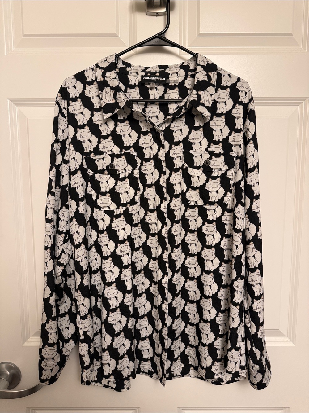 Karl Lagerfeld Cat Logo Long Sleeve Button Up Blouse